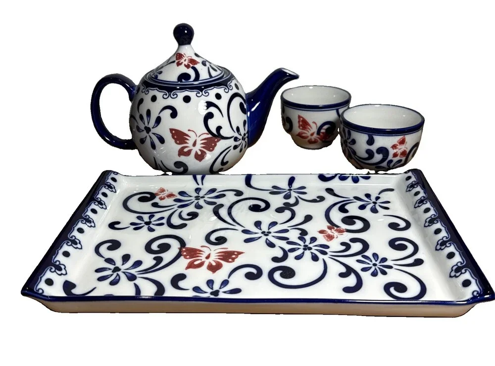 PIER 1 4 Pc HANDPAINTED PORCELAIN TEA Set Sandwich Tray Butterfly Blossom